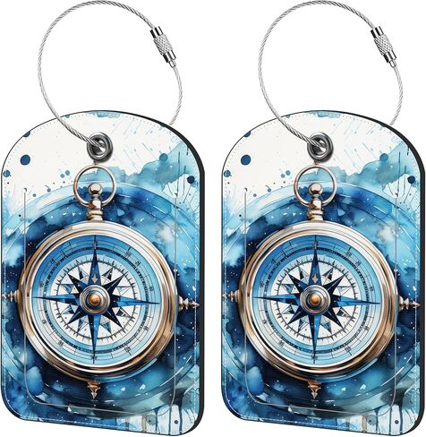 2 Pack Cute Luggage Tag for Suitcases Classic Compass Leather Luggage Tags with Stainless Steel Loop Privacy Flap Name Tags,Men and Women Travel Bag Suitcase Tags in Saudi Arabia