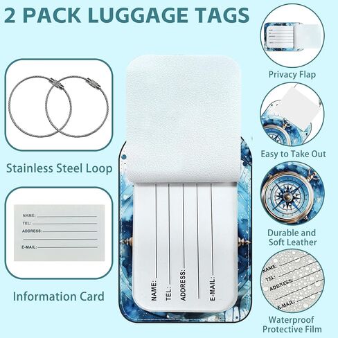2 Pack Cute Luggage Tag for Suitcases Classic Compass Leather Luggage Tags with Stainless Steel Loop Privacy Flap Name Tags,Men and Women Travel Bag Suitcase Tags in Saudi Arabia