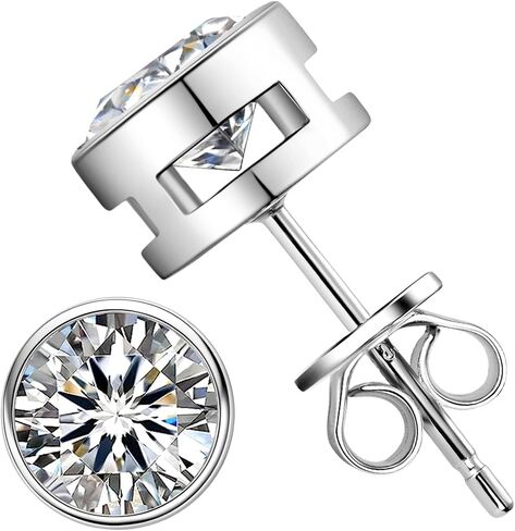 Moissanite Stud Earrings for Men, 1ct-4ct D Color Round Cut Moissanite, Sterling Silver Bezel Earrings for Women Wife Anniversary Birthday Gift in Saudi Arabia