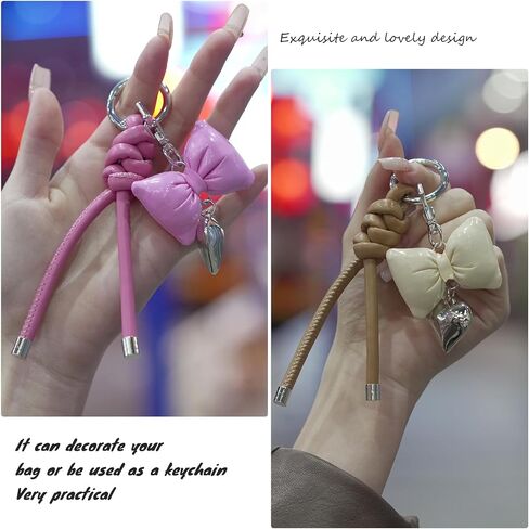 elegant leather bow keychain for women,stylish car keychain and bag charm,perfect purse accessories for ladies in Kuwait