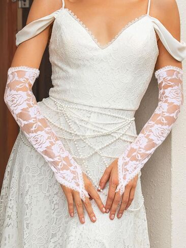 Long White Lace Gloves Tea Party Wedding Fingerless Gloves for Women in Saudi Arabia