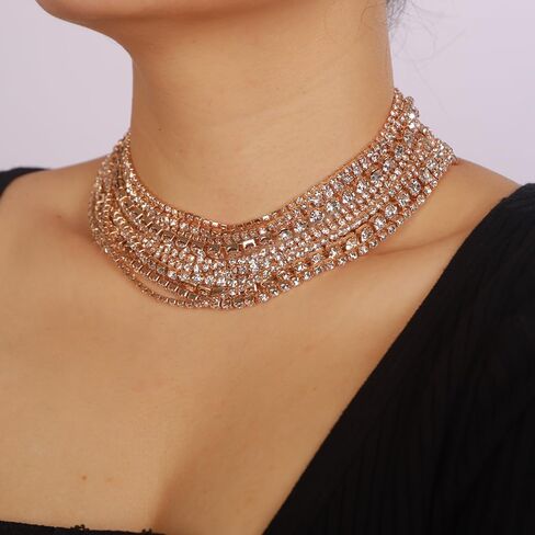 Boho Fashion Prom Shinny Luxury Rhinestones Choker Necklace Dainty Layered Sexy Body Chain Choker Necklace Dainty Gold Silver Halloween Christmas Necklace Gift for Women in Saudi Arabia