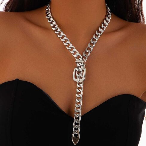 CLOACE Gold Belt Buckle Choker Necklace Punk Cuban Chunky Choker Necklaces Thick Chain Long Necklace for Women in Saudi Arabia