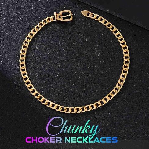 CLOACE Gold Belt Buckle Choker Necklace Punk Cuban Chunky Choker Necklaces Thick Chain Long Necklace for Women in Saudi Arabia