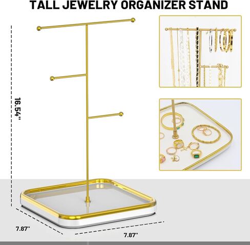 Gold Necklace Holder with Ceramic Base, 1.3ft Height Tall Necklace Hanger Tower Organizer, Aesthetic Jewelry Stand for Necklace, Earring, Bracelets, Rings Display (White) in Saudi Arabia