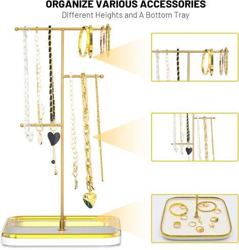 Gold Necklace Holder with Ceramic Base, 1.3ft Height Tall Necklace Hanger Tower Organizer, Aesthetic Jewelry Stand for Necklace, Earring, Bracelets, Rings Display (White) in Saudi Arabia