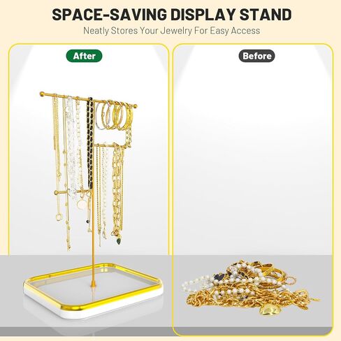 Gold Necklace Holder with Ceramic Base, 1.3ft Height Tall Necklace Hanger Tower Organizer, Aesthetic Jewelry Stand for Necklace, Earring, Bracelets, Rings Display (White) in Saudi Arabia