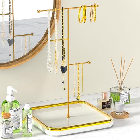 Gold Necklace Holder with Ceramic Base, 1.3ft Height Tall Necklace Hanger Tower Organizer, Aesthetic Jewelry Stand for Necklace, Earring, Bracelets, Rings Display (White) in Saudi Arabia
