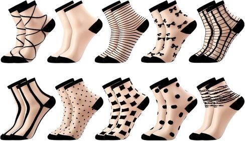 Jspupifip 10 Pairs Sheer Socks Striped Plaid Mesh Dot Bow See Through Transparent Socks for Women Girls in Kuwait