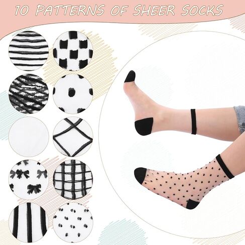 Jspupifip 10 Pairs Sheer Socks Striped Plaid Mesh Dot Bow See Through Transparent Socks for Women Girls in Kuwait