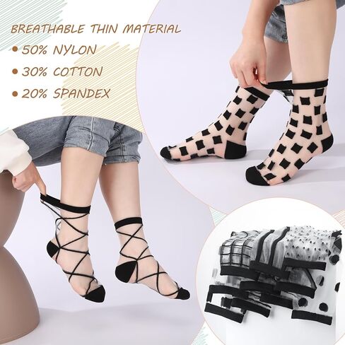 Jspupifip 10 Pairs Sheer Socks Striped Plaid Mesh Dot Bow See Through Transparent Socks for Women Girls in Kuwait