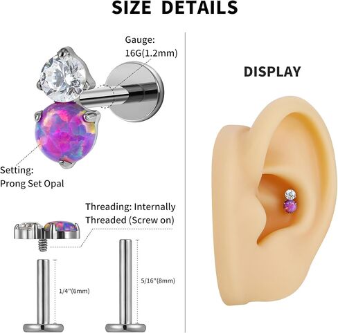 FINE4U 1PC Piercing Jewelry Stud 16G 6mm 8mm - ASTM F136 Titanium Flat back Stud for Conch Tragus Helix Flat in Saudi Arabia