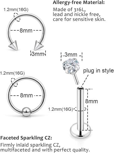 16G Threadless Medusa Piercing Jewelry Push in Lip Rings Surgical Steel Labret Studs Flatback Tragus Helix Conch Cartilage Earrings for Women Men in Saudi Arabia