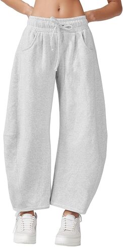 Wyeysyt Women's Barrel Leg Sweatpants Elastic Waistband Drawstring Wide Leg Pants Baggy Cotton Palazzo Pants with Pockets in Saudi Arabia