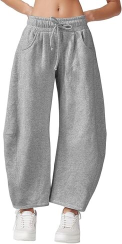 Wyeysyt Women's Barrel Leg Sweatpants Elastic Waistband Drawstring Wide Leg Pants Baggy Cotton Palazzo Pants with Pockets in Kuwait