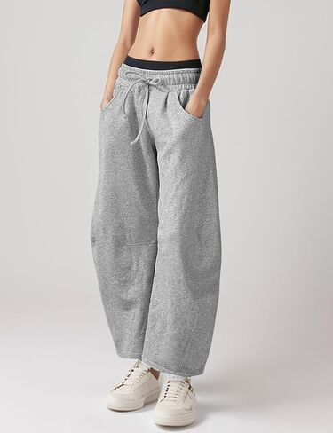 Wyeysyt Women's Barrel Leg Sweatpants Elastic Waistband Drawstring Wide Leg Pants Baggy Cotton Palazzo Pants with Pockets in Kuwait