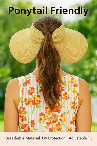 Sun Hats Beach Summer for Women: Womens Straw Ponytail for Travel - Wide Brim Packable Sunhat - Gifts for Mother Sister in Kuwait