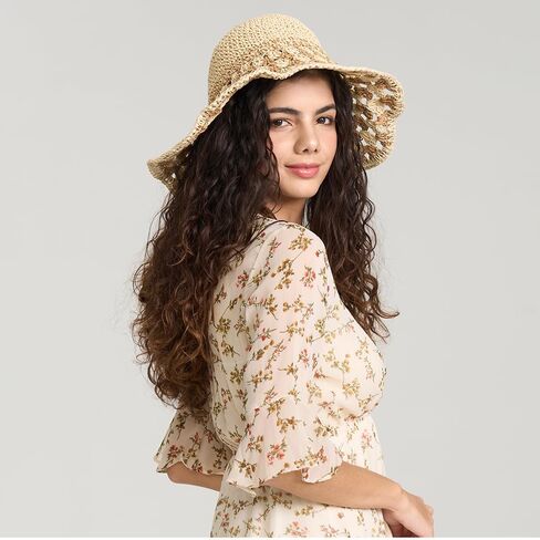 Wide Brim Sun Hats for Women Straw Beach Hat with Bow Crochet Travel Bucket Hat Foldable in Saudi Arabia