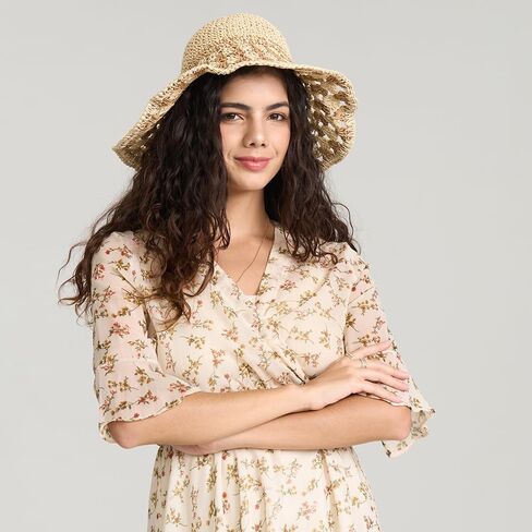 Wide Brim Sun Hats for Women Straw Beach Hat with Bow Crochet Travel Bucket Hat Foldable in Saudi Arabia