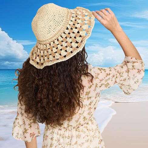 Wide Brim Sun Hats for Women Straw Beach Hat with Bow Crochet Travel Bucket Hat Foldable in Saudi Arabia