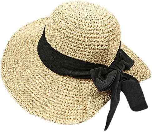 Wide Brim Sun Hats for Women Straw Beach Hat with Bow Crochet Travel Bucket Hat Foldable in Saudi Arabia