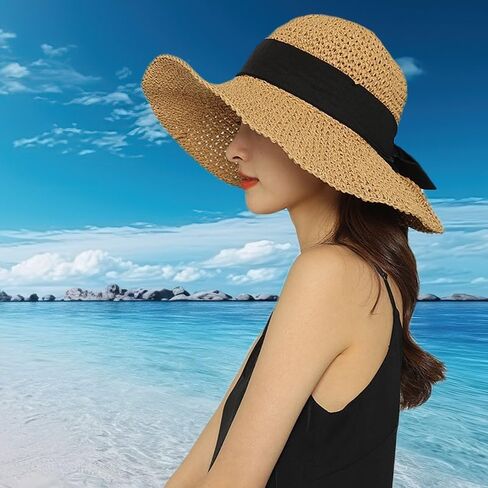 Wide Brim Sun Hats for Women Straw Beach Hat with Bow Crochet Travel Bucket Hat Foldable in Saudi Arabia