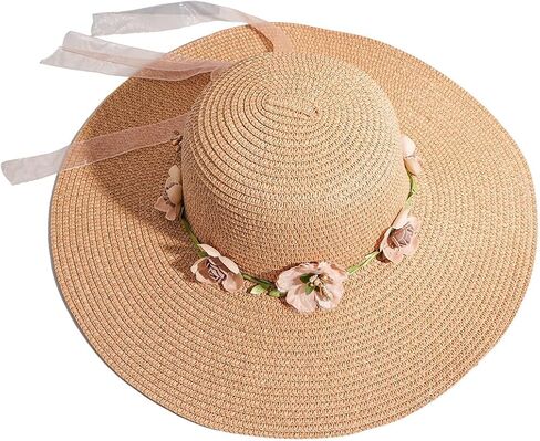 Women's Wide Brim Straw Sun Hats Summer Flower Lace Ribbon Boho Beach Hat in Kuwait
