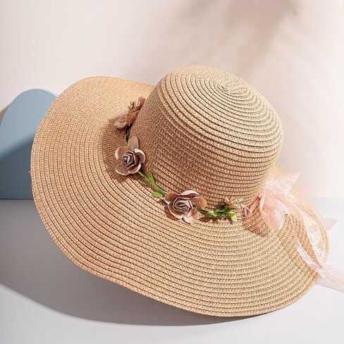 Women's Wide Brim Straw Sun Hats Summer Flower Lace Ribbon Boho Beach Hat in Kuwait