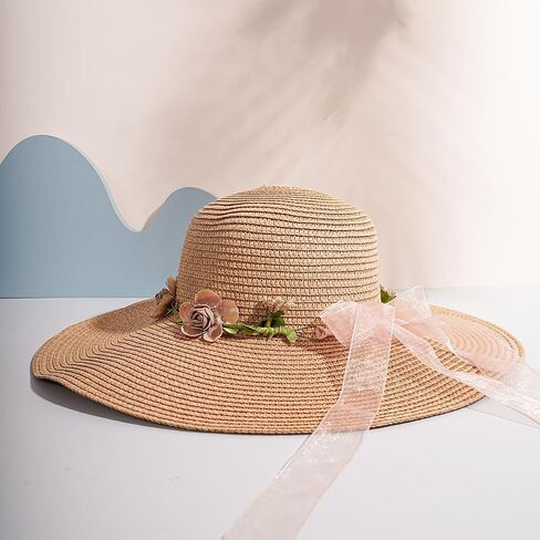 Women's Wide Brim Straw Sun Hats Summer Flower Lace Ribbon Boho Beach Hat in Kuwait