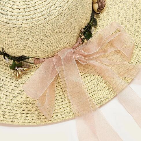 Women's Wide Brim Straw Sun Hats Summer Flower Lace Ribbon Boho Beach Hat in Kuwait