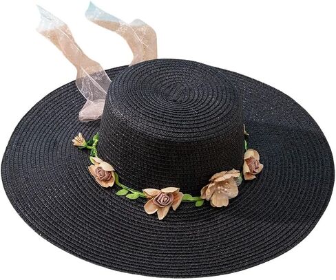 Women's Wide Brim Straw Sun Hats Summer Flower Lace Ribbon Boho Beach Hat in Kuwait