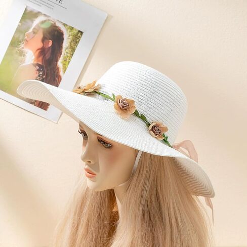 Women's Wide Brim Straw Sun Hats Summer Flower Lace Ribbon Boho Beach Hat in Kuwait