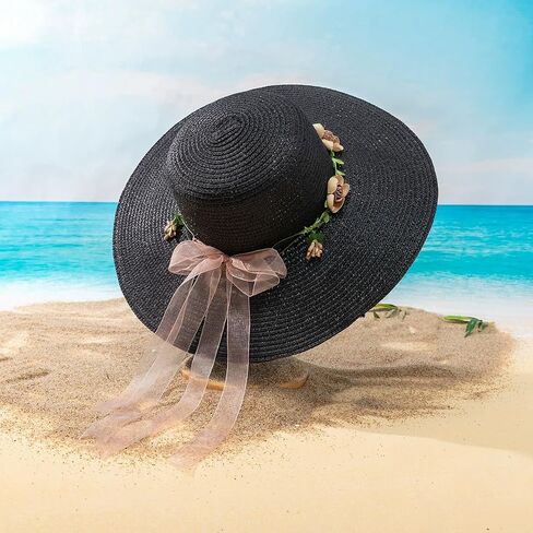 Women's Wide Brim Straw Sun Hats Summer Flower Lace Ribbon Boho Beach Hat in Kuwait