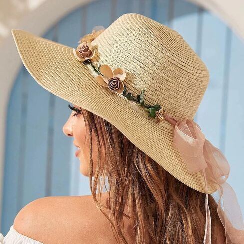 Women's Wide Brim Straw Sun Hats Summer Flower Lace Ribbon Boho Beach Hat in Kuwait