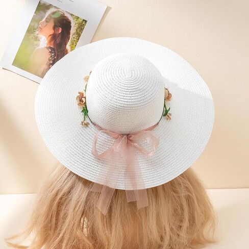 Women's Wide Brim Straw Sun Hats Summer Flower Lace Ribbon Boho Beach Hat in Kuwait