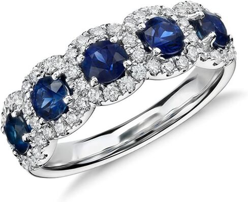 Blue Sapphire White Diamond Half Eternity Wedding Band for Women 5 Stone Round Princess Cut Sapphire Cubic Zirconia Promise Ring Promise Anniversary Rings Engagement Rings for Her size 8 in Saudi Arabia