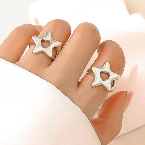 GIGB PBDK Silver Hollowed Star Knuckle Joint Rings, Shiny High Polished Stainless Steel Pentagram Lucky Promise Ring, Trendy Punk Hip-Hop Jewelry for Women in Saudi Arabia