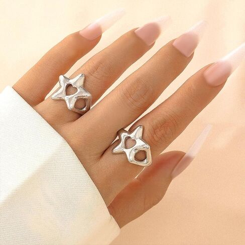 GIGB PBDK Silver Hollowed Star Knuckle Joint Rings, Shiny High Polished Stainless Steel Pentagram Lucky Promise Ring, Trendy Punk Hip-Hop Jewelry for Women in Saudi Arabia