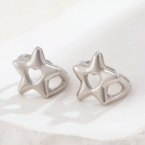 GIGB PBDK Silver Hollowed Star Knuckle Joint Rings, Shiny High Polished Stainless Steel Pentagram Lucky Promise Ring, Trendy Punk Hip-Hop Jewelry for Women in Saudi Arabia