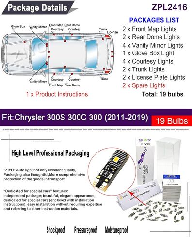 ZIYO LED Interior Light Kit Replacement for Chrysler 300 300c 2005-2019 + License Plate Light Bulbs, White Dome Lights Upgrade Error Free (Chrysler 300 2011-2019 (19 Bulbs)) in Saudi Arabia