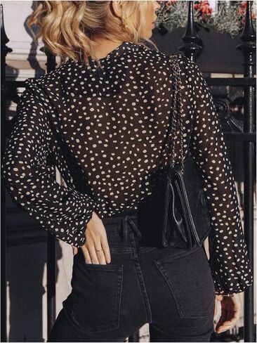 MakeMeChic Women's Polka Dots Ruffle V Neck Long Sleeve Mesh Sheer Bodysuit Shirts Tops in Saudi Arabia