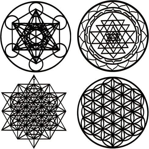 Leinuosen 4 PCS 12 Inch Crystal Grid Board Sacred Engetric Wall Art Set Metatron Cube ، Flower of Life ، Sri Yantra ، 64 Star Tetrahedron Pagan Decor Decor in Kuwait