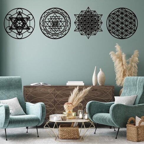 Leinuosen 4 PCS 12 Inch Crystal Grid Board Sacred Engetric Wall Art Set Metatron Cube ، Flower of Life ، Sri Yantra ، 64 Star Tetrahedron Pagan Decor Decor in Kuwait