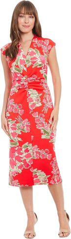 London Times Women's Ext Shoulder V-Neck Cf Ruched Midi Dress in Kuwait