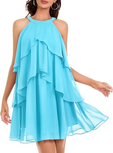 DRESSTELLS Women's Casual Halter Ruffle Tiered Dresses, Beach Wedding Cocktail Party Mini Sundress in Kuwait