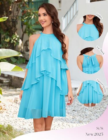 DRESSTELLS Women's Casual Halter Ruffle Tiered Dresses, Beach Wedding Cocktail Party Mini Sundress in Kuwait