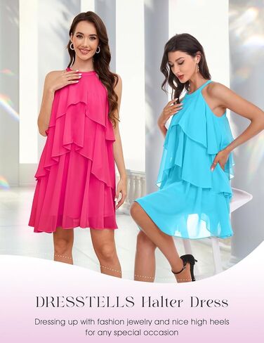 DRESSTELLS Women's Casual Halter Ruffle Tiered Dresses, Beach Wedding Cocktail Party Mini Sundress in Kuwait