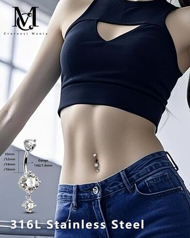 CM Crareesi Mania Belly Button Rings 316L Stainless Steel Dangle Belly Button Piercing Jewelry 14G Belly Rings for Women Round Dangle Navel Ring in Saudi Arabia