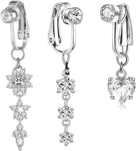 3Pcs CZ Crystal Heart Flower Dangle Fake Belly Button Rings for Women Non Piercing Clip On Belly Navel Rings Long Dangling Fake Belly Rings Non-Pierced Body Jewelry in Saudi Arabia