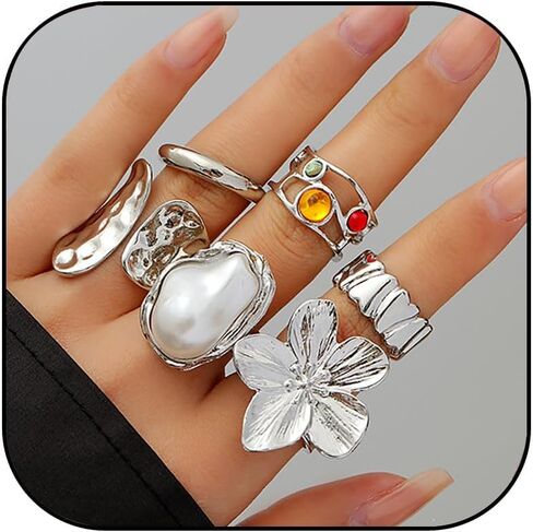 Chunky Gold Rings for Women Adjustable Stackable Statement Rings Set Baroque Pearl Flower Ring Knuckle Ring Chunky Jewelry Gift for Women in Saudi Arabia